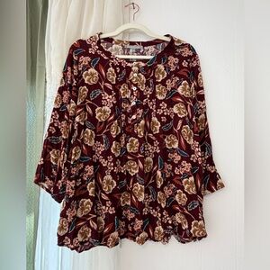 Daniel Rainn Top XXL Floral Henley Popover Blouse Whimsygoth Flowy Dark Roses